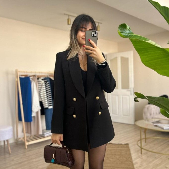 PREMİUM SİYAH GOLD DÜĞME DETAYLI BLAZER CEKET