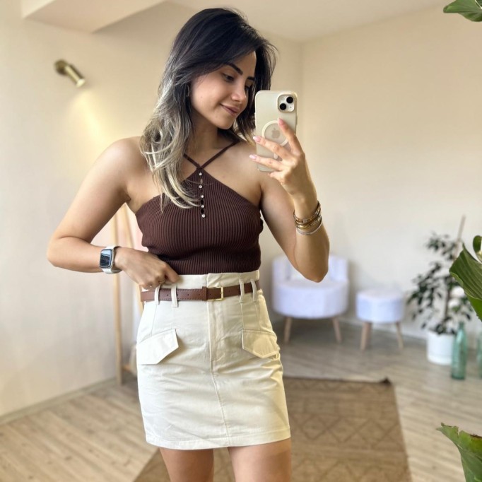 KEMER DETAYLI BEJ RENGİ KUMAŞ ETEK