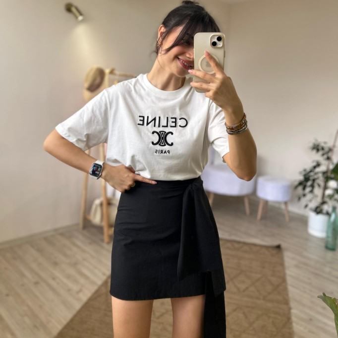 Siyah Kurdele Detaylı Mini Etek