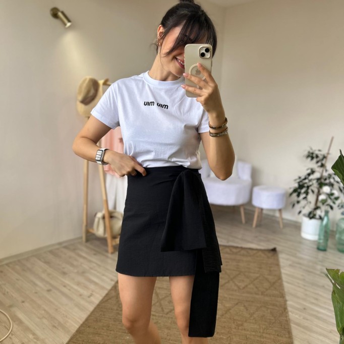 Siyah Kurdele Detaylı Mini Etek