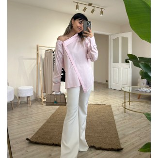 Asimetrik Kesim Toz Pembe Omuz Detaylı Gömlek
