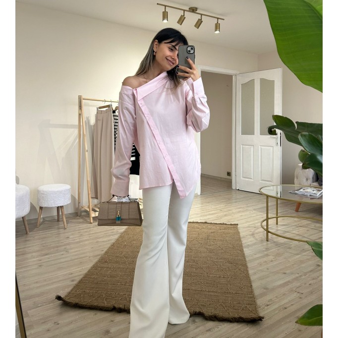 Asimetrik Kesim Toz Pembe Omuz Detaylı Gömlek