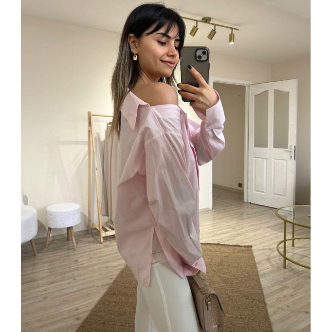 Asimetrik Kesim Toz Pembe Omuz Detaylı Gömlek