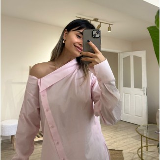 Asimetrik Kesim Toz Pembe Omuz Detaylı Gömlek
